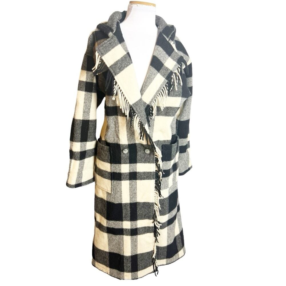 Vintage L.L. Bean LL buffalo Plaid Fringe Wool Blanket Coat hooded Sz M